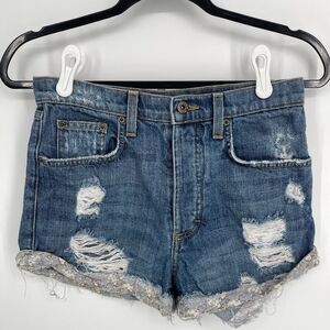 Carmar Button Fly Jean Shorts Womens Sz 26 Hi Rise Distressed Cuffed Blue Denim